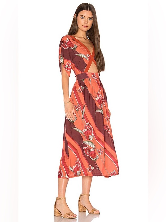 Novella Royale Dresses & Skirts - Novella Royale Floral Midi Cut Out V Neck Red Pink Resortwear Dress Size Medium